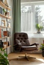 Stylish composition of home office interior with design retro armchair, library, plant, window, books, decoration.