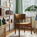 Stylish composition of home office interior with design retro chair, home library, plant, window, books, decoration and elegant.