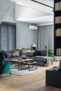 Stylish composition of living room interior with corner grey sofa, design furniture and minimalist personal accessories. Book