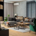 Stylish composition of living room interior with corner grey sofa, design furniture and minimalist personal accessories. Book