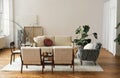 The stylish composition at living room interior with design beige sofa, glass coffee table, chairs, plants and elegant