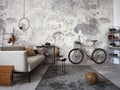 Stylish composition of living room interior with design gray sofa, bicycle, carpet, coffee table, decoration and elegant man Royalty Free Stock Photo