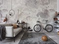 Stylish composition of living room interior with design gray sofa, bicycle, carpet, coffee table, decoration and elegant man Royalty Free Stock Photo