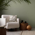 Stylish composition of living room interior with green wall, grey sofa with brown pillow. White armchair with patterned pilow,