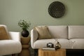 Stylish composition of living room interior with green wall, grey sofa with grey pillow. White armchair with patterned pilow,