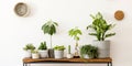 Stylish composition of living room interior with white wall, green plants in white hipster designed pots on the wooden. Royalty Free Stock Photo