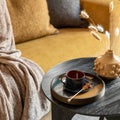 Stylish composition of modern living room. Stylish coffe table with tray, cup and yellow vase with dried flowers. Template