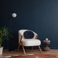 Stylish compositon of elegant living room interior design with fluffy armchair and modern home accessories. Blue wall. Home Royalty Free Stock Photo