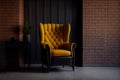 Stylish compositon of elegant living room interior design with fluffy armchair and modern home accessories. Brick wall Royalty Free Stock Photo