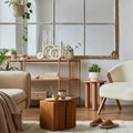 Stylish compositon of modern living room interior with frotte armchair, sofa, plants, wooden commode, side table and elegant home Royalty Free Stock Photo