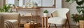 Stylish compositon of modern living room interior with frotte armchair, sofa, plants, wooden commode, side table and elegant home Royalty Free Stock Photo