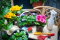 Stylish concept of gardening, planting , floriculture..Set of garden accessories and flowers