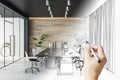 Stylish conference room design project development with wooden wall, monochrome furniture and hand drown sketch by human hand with Royalty Free Stock Photo