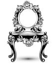 Stylish console table and mirror frame with rose flowers decorations Vector. Intricate ornaments line art illustrations Royalty Free Stock Photo