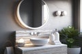 stylish, contemporary bathroom with round white wash basin and minimalist accessories