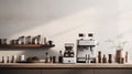 Beautiful modern countertop coffee bar with an array of coffee beans, grounds, capsules, and brewing equipment. AI generated.