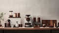 Beautiful modern countertop coffee bar with an array of coffee beans, grounds, capsules, and brewing equipment. AI generated.