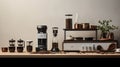 Beautiful modern countertop coffee bar with an array of coffee beans, grounds, capsules, and brewing equipment. AI generated.