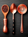 Stylish copper kitchen utensils arranged on a dark surface showcasing elegant craftsmanship and functionality. Top view of bar Royalty Free Stock Photo