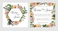 Stylish coral watercolor and flowers vector design cards. Flowers, eustoma cream, brunia, green fern, eucalyptus, branches.