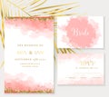 Stylish coral watercolor and gold glitter vector design card