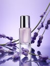 Stylish Cosmetic serum mockup with lavender extract. beauty background. Light lavender pastel background, reflection and splash of
