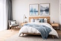 Stylish cosy blue and white neutral colour bedroom interior design modern and minimal style. generative ai Royalty Free Stock Photo