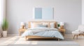 Stylish cosy blue and white neutral colour bedroom interior design modern and minimal style. generative ai Royalty Free Stock Photo