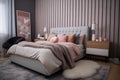 Stylish cosy pink and grey bedroom interior design modern style, feminine bedroom. generative ai Royalty Free Stock Photo