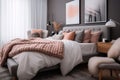 Stylish cosy pink and grey bedroom interior design modern style, feminine bedroom. generative ai Royalty Free Stock Photo
