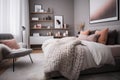 Stylish cosy pink and grey bedroom interior design modern style, feminine bedroom. generative ai Royalty Free Stock Photo