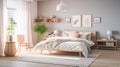 Stylish cosy soft pink and white bedroom interior design modern and minimal style, feminine bedroom. generative ai Royalty Free Stock Photo