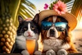 Stylish couple- cat and dog relaxing on tropical beach at sunset, generative ai Royalty Free Stock Photo