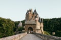 Stylish couple dancing on castle background