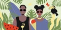 Stylish couple of people, Afro-Americans man and woman, portraits in trend with summer attributes - watermelon and ice cream, Royalty Free Stock Photo