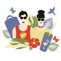 Stylish couple of people, white man and woman, portraits in a trend with summer attributes -  suitcase and cooling drink, plants. Royalty Free Stock Photo