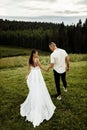 Stylish couple are walking at the field. Handsome groom holding hand of gorgeous bride, enjoy togetherness. Beautiful Royalty Free Stock Photo