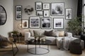 a stylish and cozy living room with a variety of wall art, including prints, photos and paintings