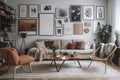 a stylish and cozy living room with a variety of wall art, including prints, photos and paintings