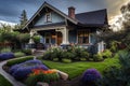 Quaint Craftsman Style House with Lush Landscaping - Generative AI Royalty Free Stock Photo