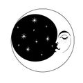 Stylish crescent moon face and sky with stars, celestial outline tattoo, black and white logo, vintage engraving symbol Royalty Free Stock Photo