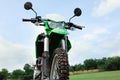 Stylish cross motorcycle outdoors, low angle view Royalty Free Stock Photo