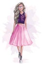 Stylish cute girl in pink skirt. Sketch. Royalty Free Stock Photo