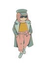 Stylish cute girl in sunglesses demonstrates modern clothes. Ideal for design of a clothing store. Isolated on a white