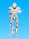 Stylish Cyborg man. Humanoid Robot with artificial intelligence, AI. character shows gestures. Android male, futuristic Royalty Free Stock Photo
