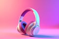 stylish 3d icon of generic wireless headphones on pink purple gradient background, mixed digital 3d illustration and matte