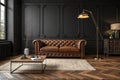 Modern classic black interior with brown leather chester sofa Royalty Free Stock Photo