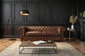 Modern classic black interior with brown leather chester sofa Royalty Free Stock Photo