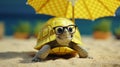 Stylish 3d turtle sporting fashionable glasses on a tranquil sandy beach with a stunning sea view