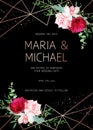 Stylish dark geometric wedding vector design frame with flowers. Royalty Free Stock Photo